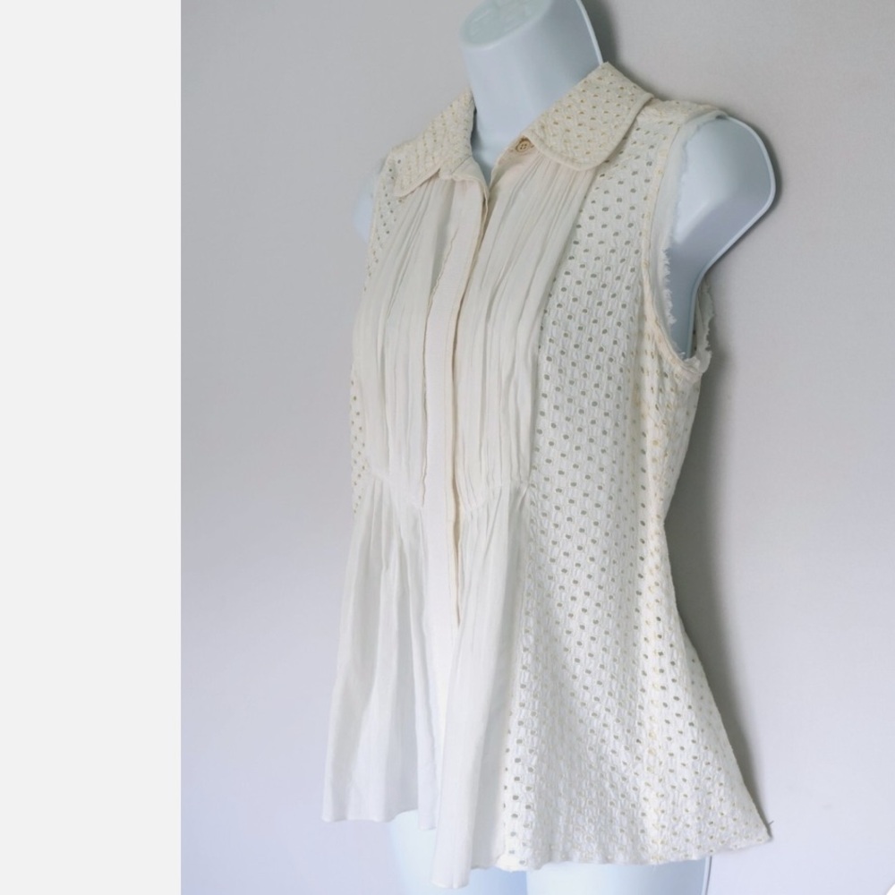 GUC Tory Burch Cream Eyelet Pleated Peplum Shirred Blouse with Raw Edge Trim